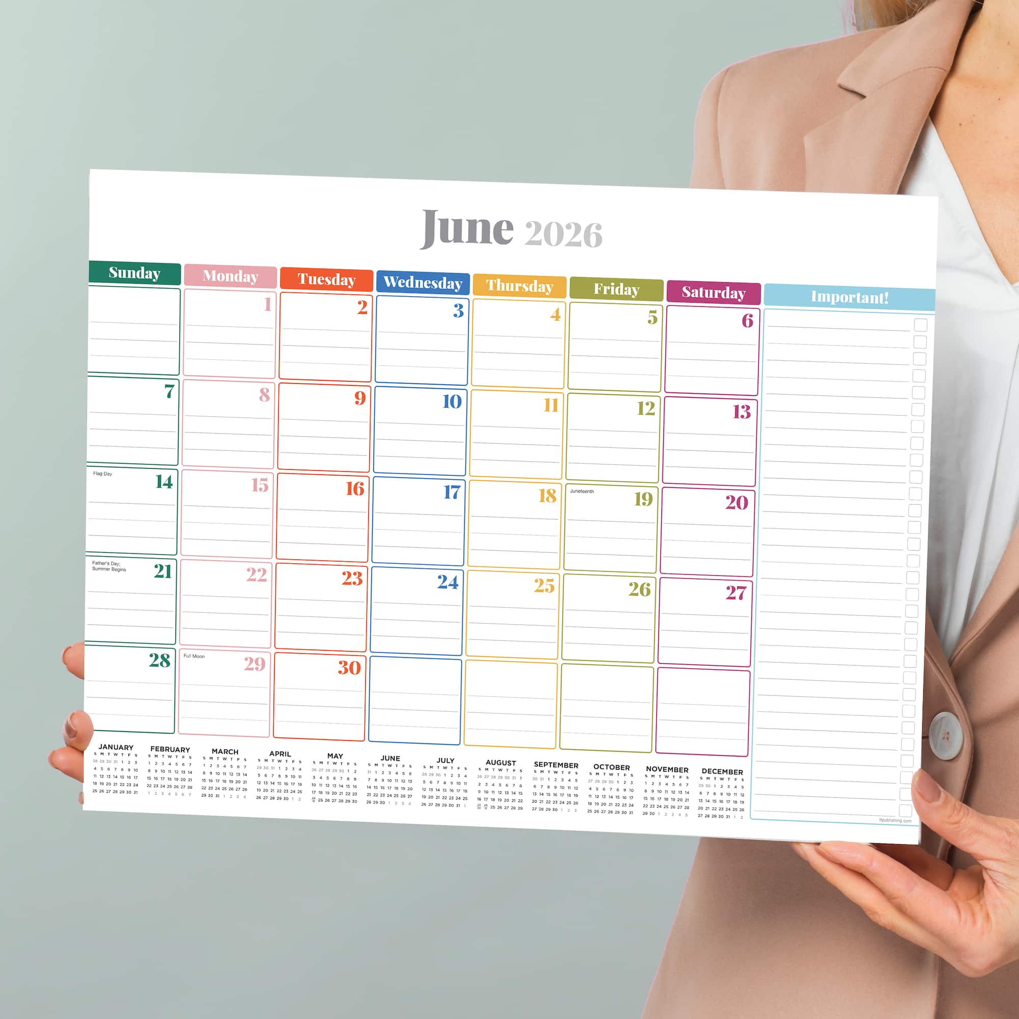 2026 Rainbow Blocks Medium Desk Pad Monthly Blotter Calendar